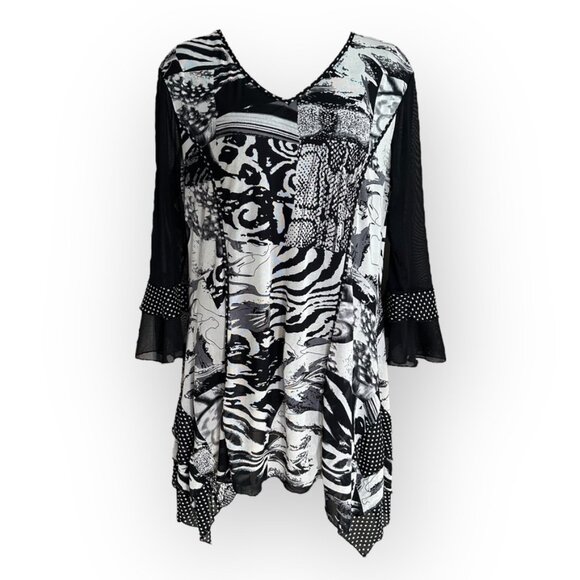 Mirror Image Tops - Mirror Image Black White Flowy Handkerchief Tunic Blouse 3/4 sleeves Large